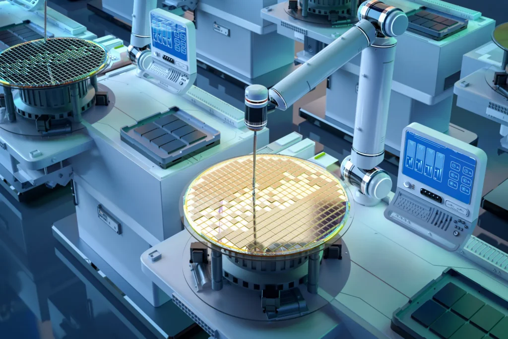 Robotic arm conducting precision work on a semiconductor wafer in a high-tech manufacturing facility.