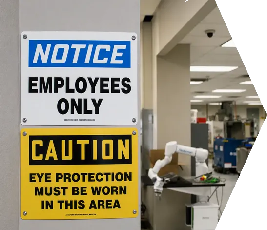 Warning signs in a CNC manufacturing facility emphasizing employee access and eye protection.