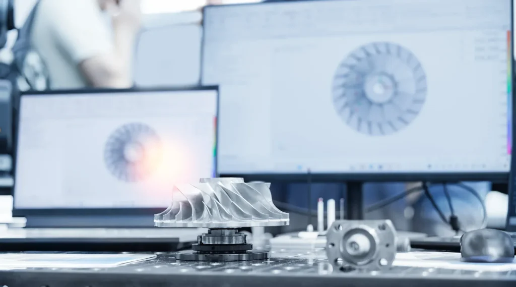 Precision CNC machined component with CAD design on computer screens in the background.