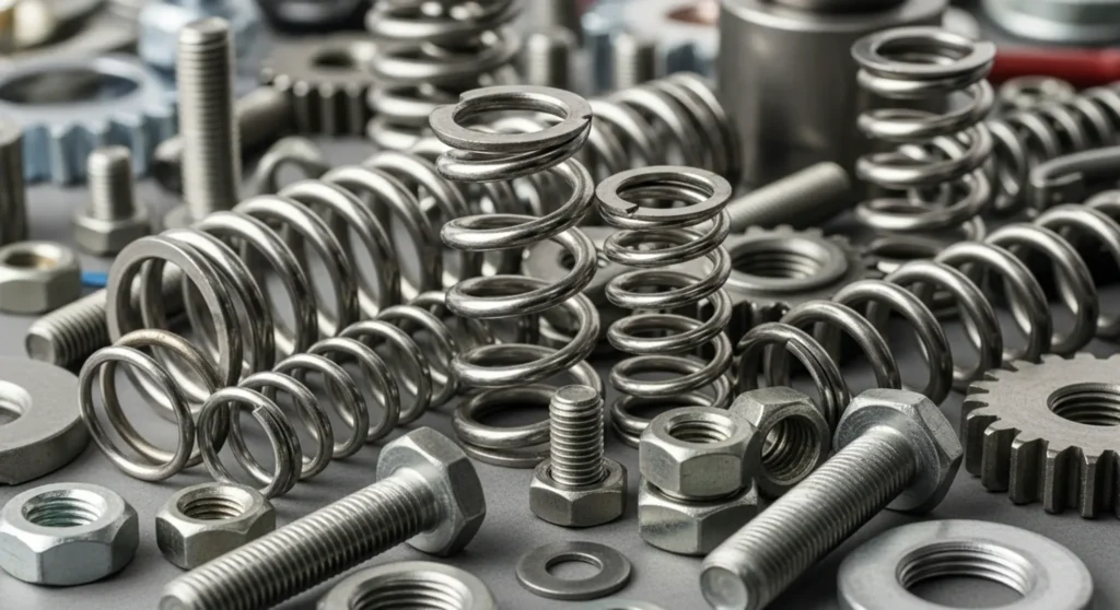 Various precision metal parts including springs, bolts, and gears.